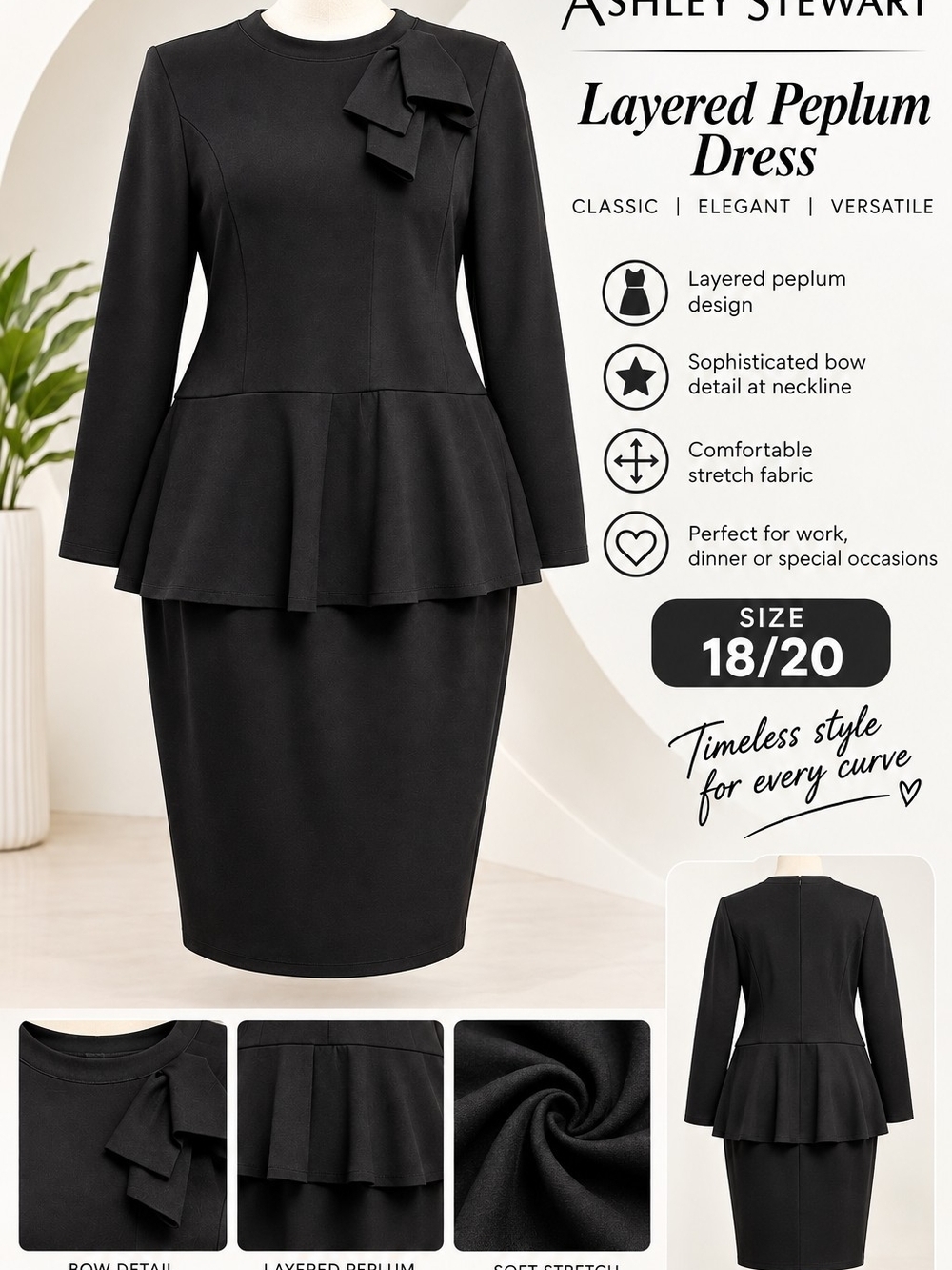 Ashley Stewart Black Layered Peplum Dress with Bow Neck Detail